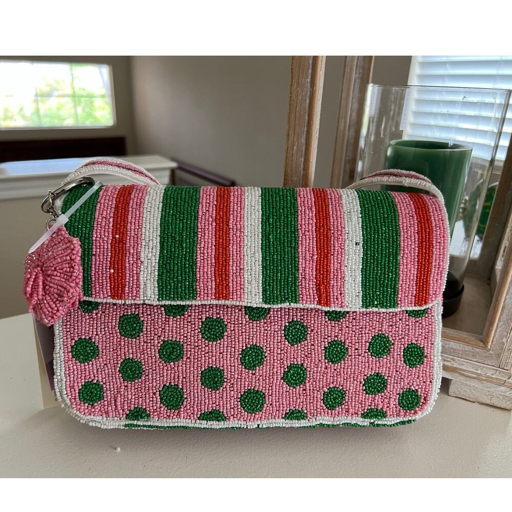 NWT Handcrafted India Beaded Purse Pink Green Striped Artsy Charm Shoulder Bag - Picture 11 of 16